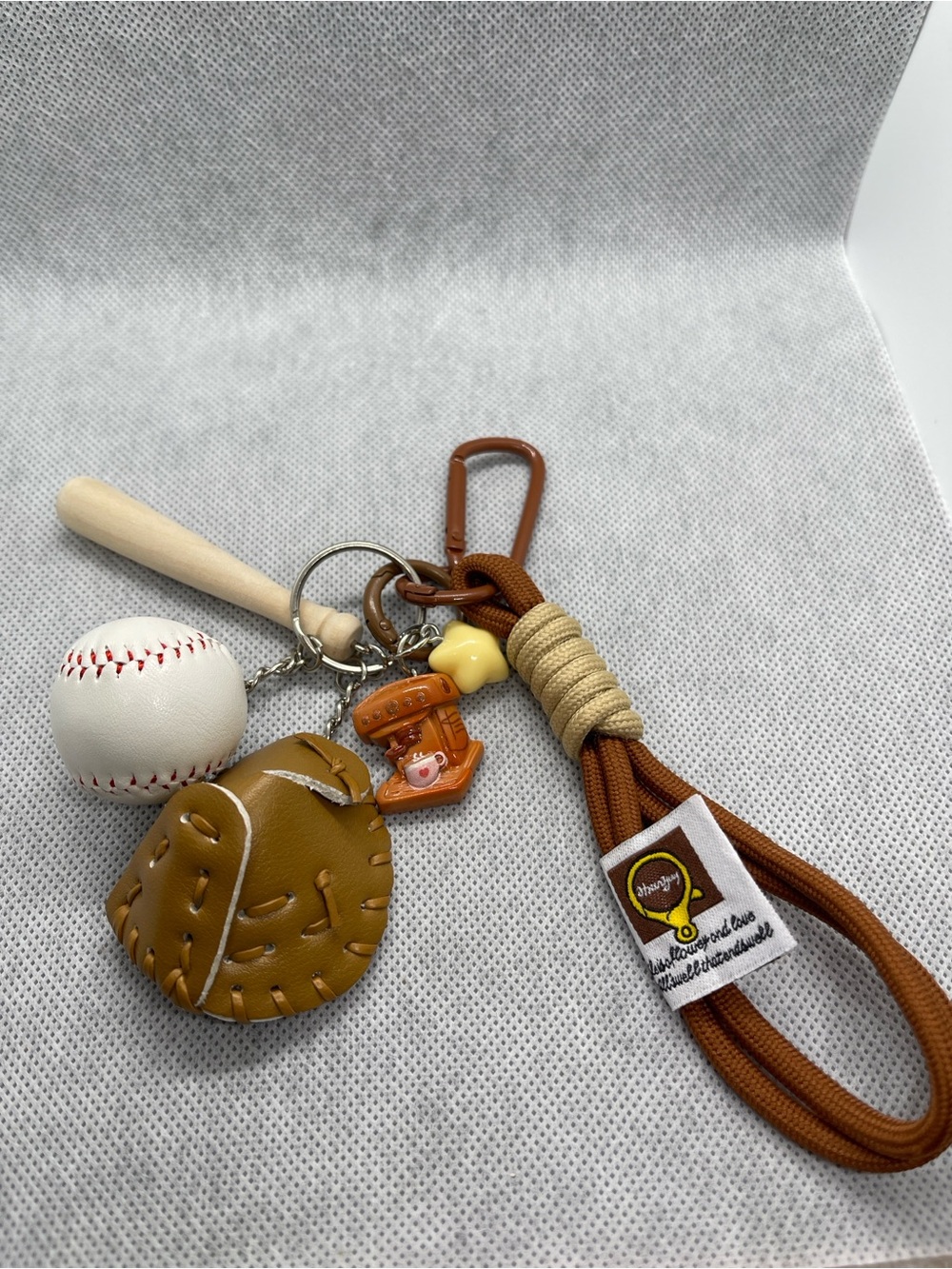 Baseball Themed Keychain with Glove, Bat & Ball - Brown